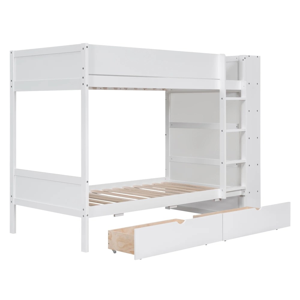 Euroco Pine Wood Twin over Twin Bunk Bed, Storage Bed with Cabinets and Shelves for Kids Teens, Sapce-Saving Design, White - Image 5