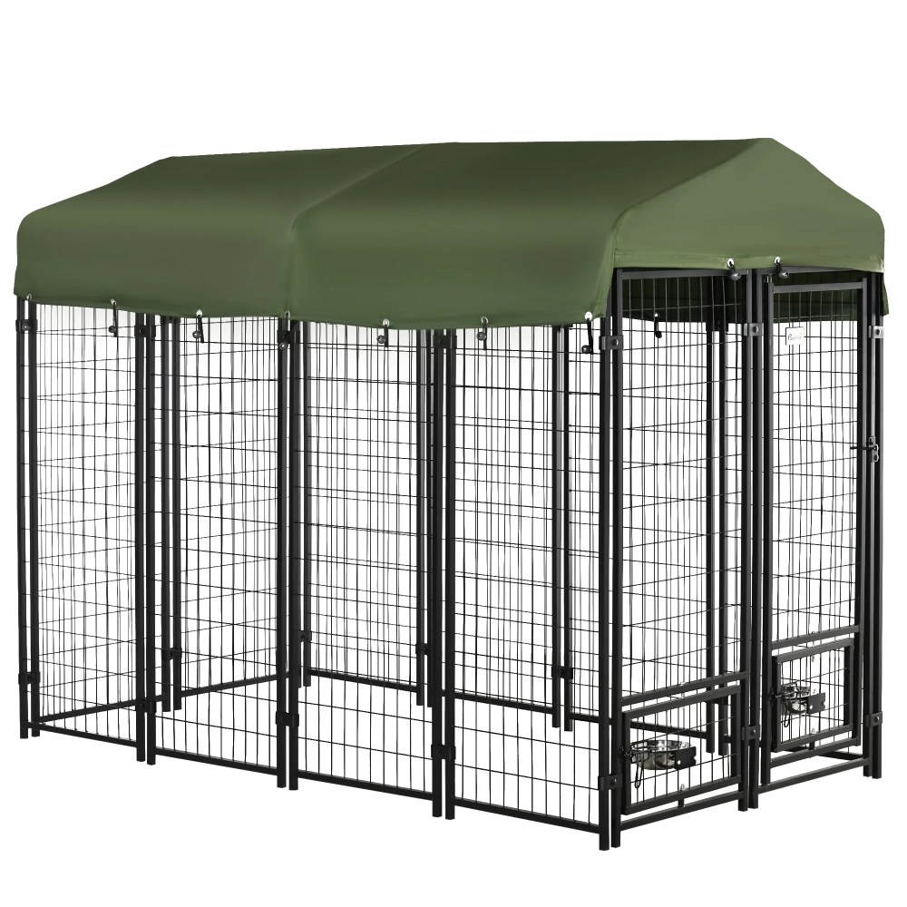 PawHut 8" x 4" x 6" Outdoor Dog Kennel with Rotating Bowl Holders, Walk-in Pet Playpen, Welded Wire Steel with Water and UV-Resistant Canopy, Green - Image 2