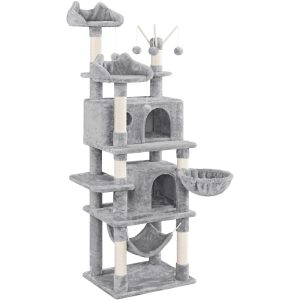 Alden Design 67" H Multi-Level Cat Tree Tower with 2 Cat Condos & Hammock Basket, Light Gray