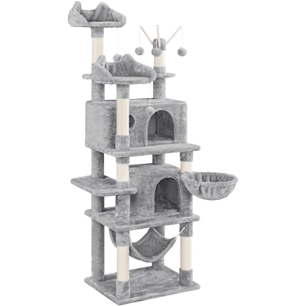Alden Design 67" H Multi-Level Cat Tree Tower with 2 Cat Condos & Hammock Basket, Light Gray