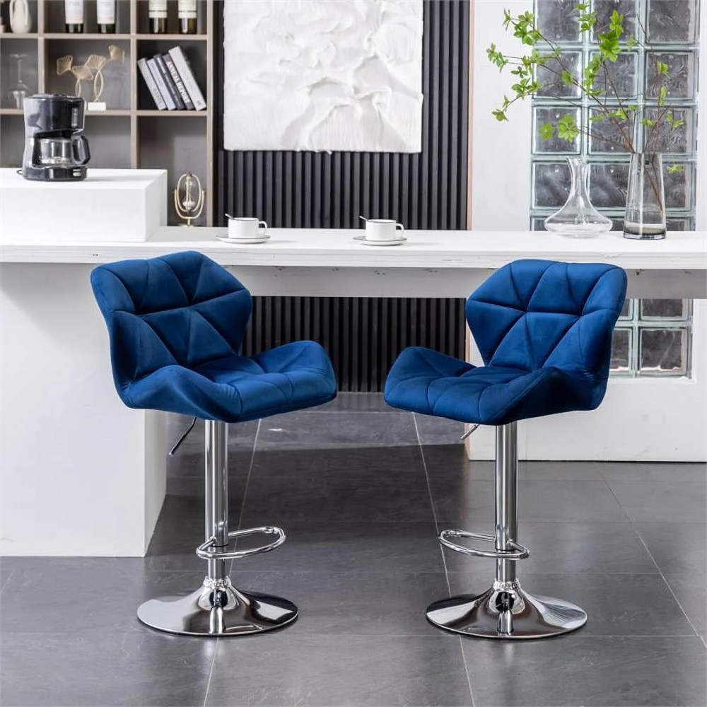 Roundhill Furniture Breni Velvet Diamond Tufted Swivel Adjustable Height Barstool, Set of 2, Blue, Chrome Finish - Image 4
