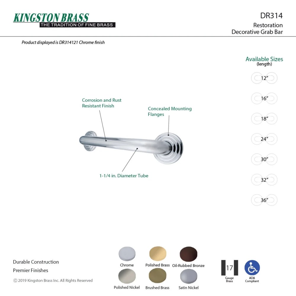 Kingston Brass DR314368 Restoration 36-Inch X 1-1/4-Inch OD Grab Bar, Brushed Nickel - Image 2