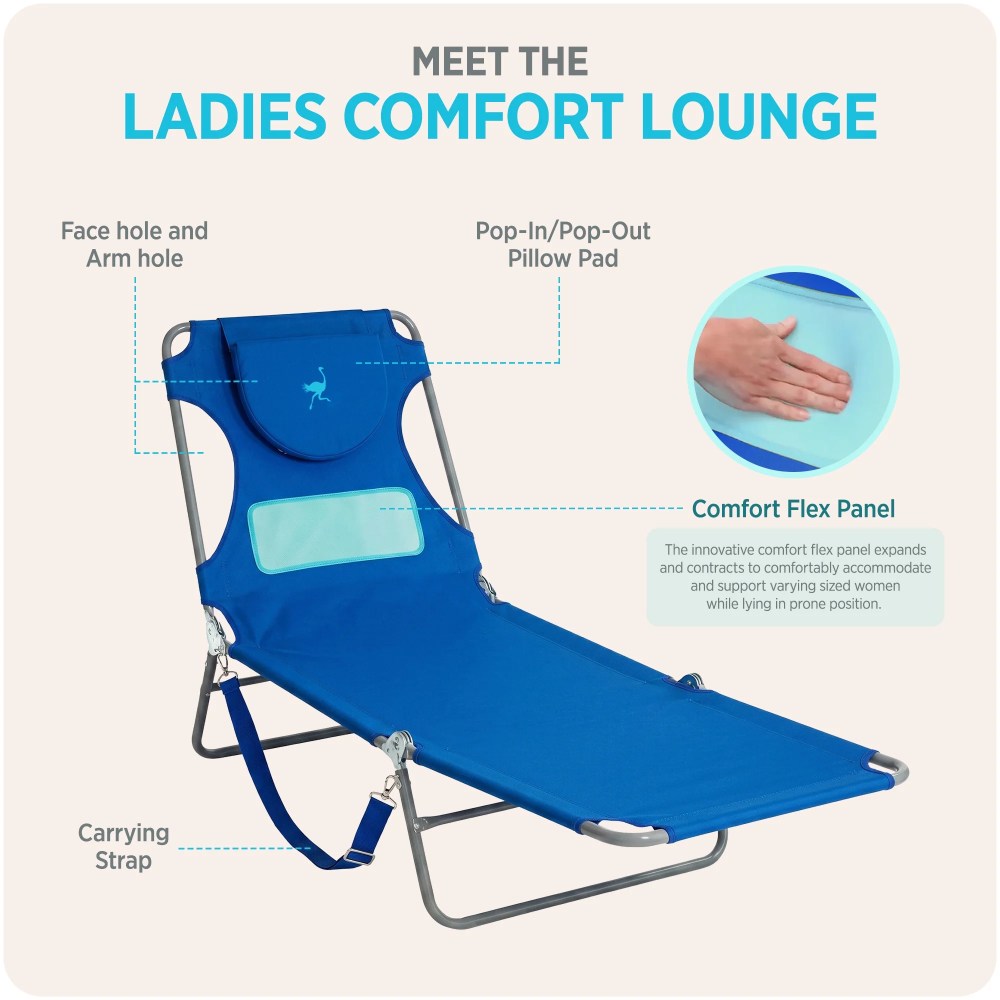 Ostrich The Ladies Comfort Lounger, Foldable Beach Pool Tanning Chair, Ocean Blue - Image 5