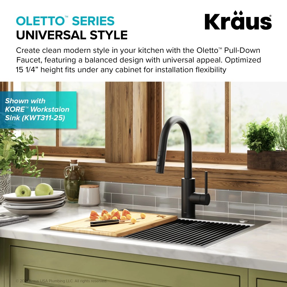 KRAUS Oletto Single Handle Pull Down Kitchen Faucet with QuickDock Top Mount Installation Assembly in Matte Black - Image 3