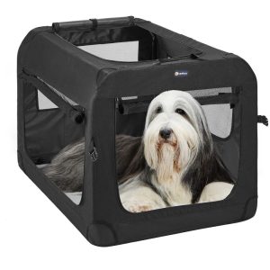 Veehoo Folding Soft Dog Crate, 3-Door Pet Kennel, 600D Cationic Oxford Fabric, 40", Black