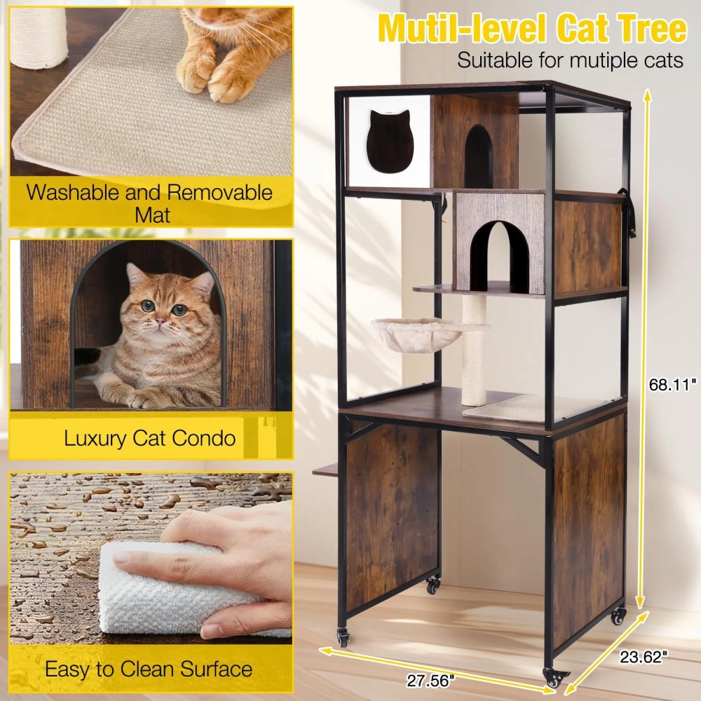 Aivituvin Cat Tree, 68-Inch Cat Tower for Indoor Cats, Wood Cat Condo Furniture with Litter Box Enclosure, 2-in-1 Modern Cat Tower - Image 3