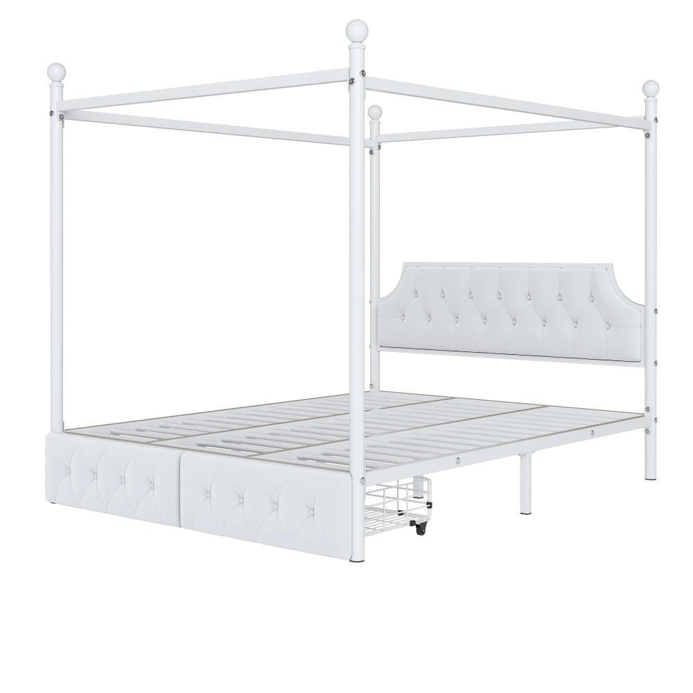 Euroco Wood Queen Size Canopy Platform Bed with Four Support Legs and 2 Drawers for Kids Teens Adults, White - Image 10