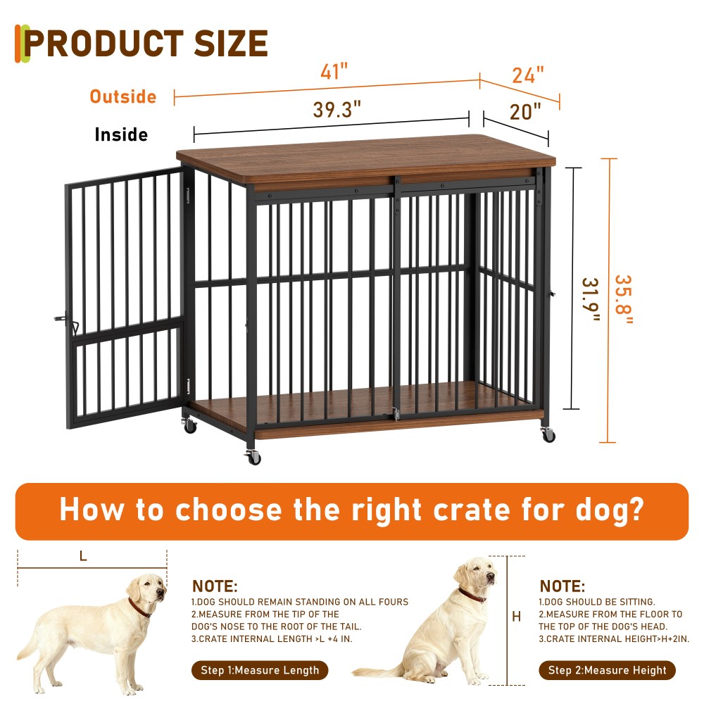 Cofiyard Dog Crate Furniture, 41" Wooden Dog Kennel Indoor with Sliding Front Door, Multi-Side Openings & Feeding Window Pet Cage House, Brown End Table, M - Image 4