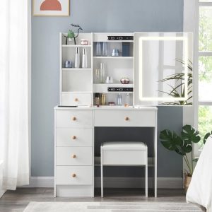Yamissi Vanity Set with Lighted Mirror,Modern White Vanity Desk for Girls,Makeup Vanity with Stool,Dressing Table for Bedroom