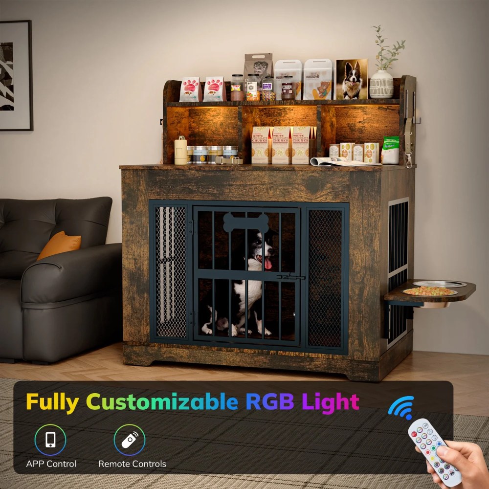 Behost 34" Dog Crate Furniture for Small /Medium Dogs with LED Light Feeding Bowls, Dual-Layer Storage, Decorative Dog Kennel for Indoor , Rustic Brown - Image 6