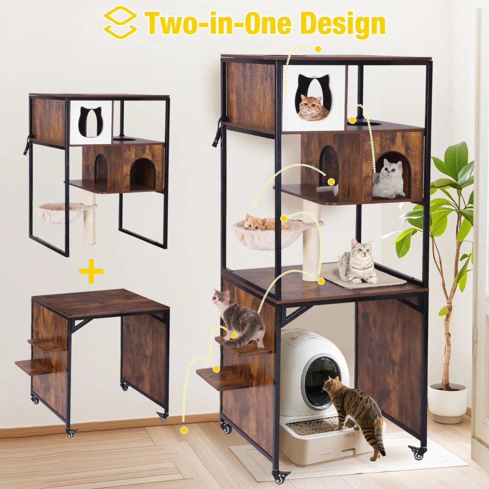 Aivituvin Cat Tree, 68-Inch Cat Tower for Indoor Cats, Wood Cat Condo Furniture with Litter Box Enclosure, 2-in-1 Modern Cat Tower - Image 2