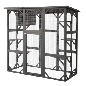 Haverchair Cat Enclosure Outdoor Catio Large Wooden Cat House with Weatherproof,  Cat Cage Condo Indoor Playpen with Platform and Small House,  Gray