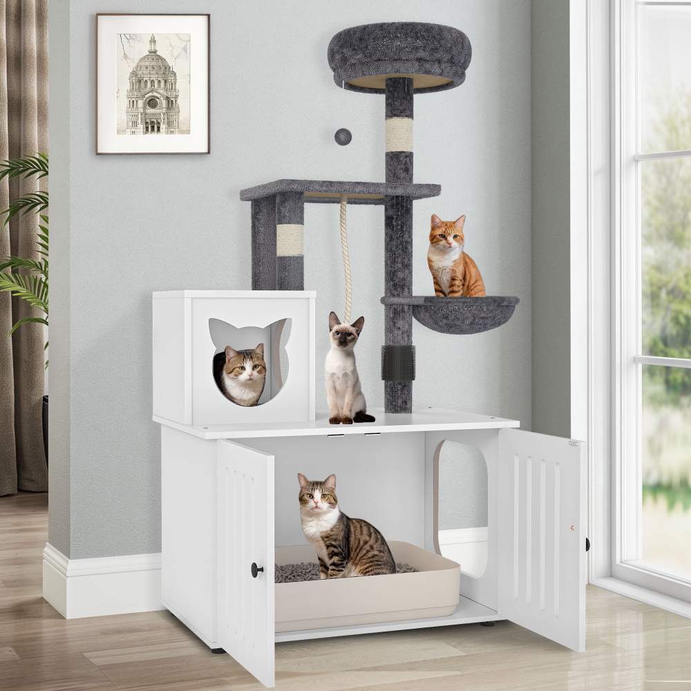 Dextrus 2-in-1 Cat Tree with Litter Box Enclosure, 53.5" Large Modern Cat Condo with Scratching Posts, Perch, Food Station, Hammocks, Scratch Post, White - Image 10