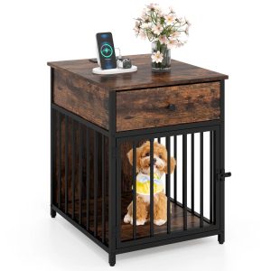 Gymax Versatile Dog Crate w/Charging Station Storage Drawer Lockable Door 2 AC Outlets