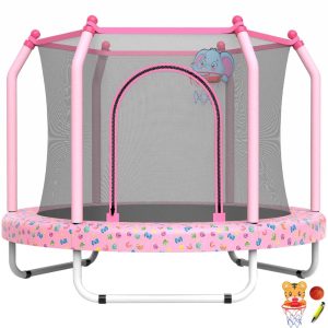 55" Trampoline with Enclosure for Kids, SEGMART Indoor Outdoor Toddler Trampoline with Basketball, Indoor Outdoor Kids Trampoline with Basketball Hoop, Small Round Trampoline for Boys Girls