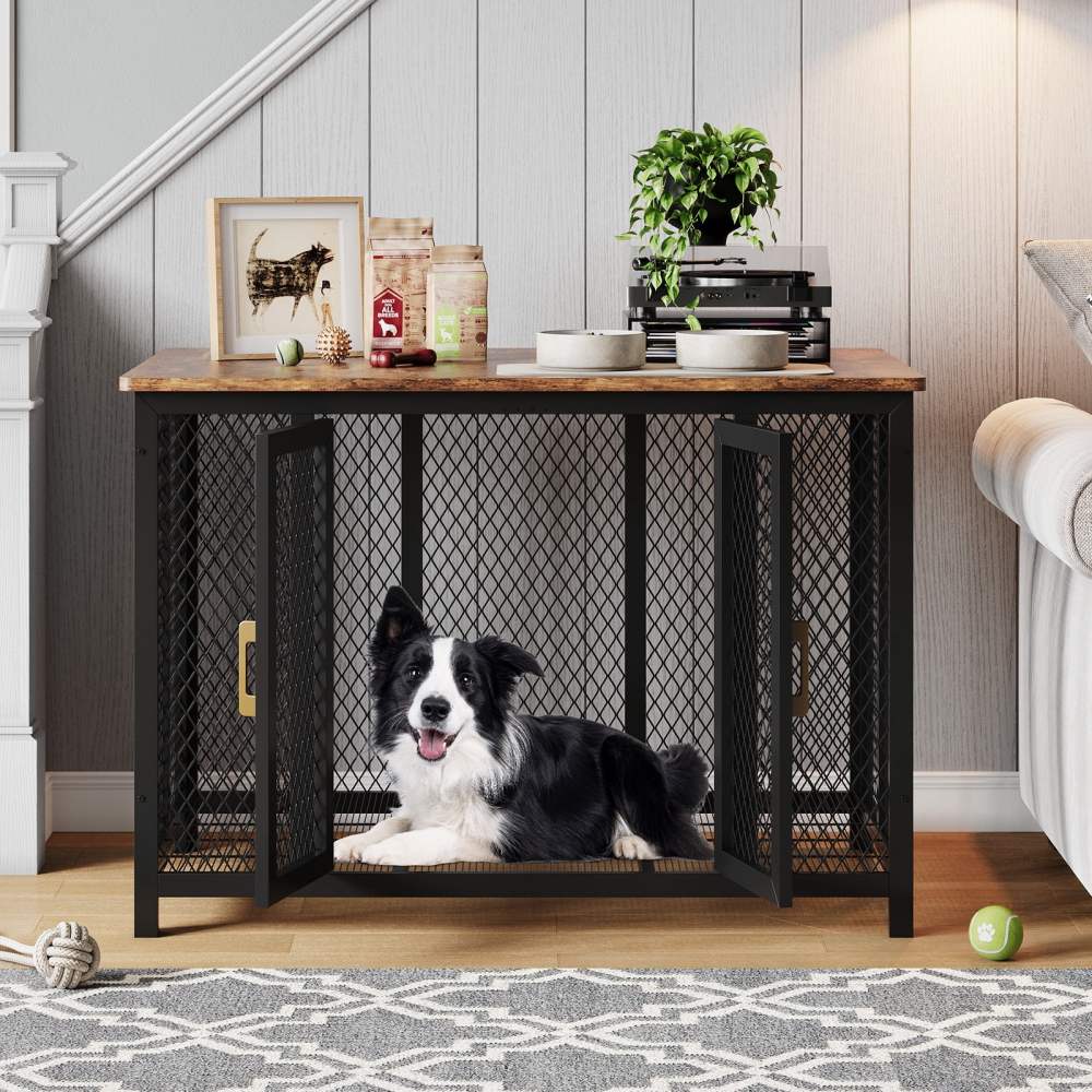 48" Dog Crate Furniture, Heavy Duty Dog Cage, Indoor Kennel, End Side Table Animal Crates with Doors for Medium Large Dog Cage, Anti-Chew Anti-Escape, Rustic Brown, 118.5 78 82.5Cm - Image 3
