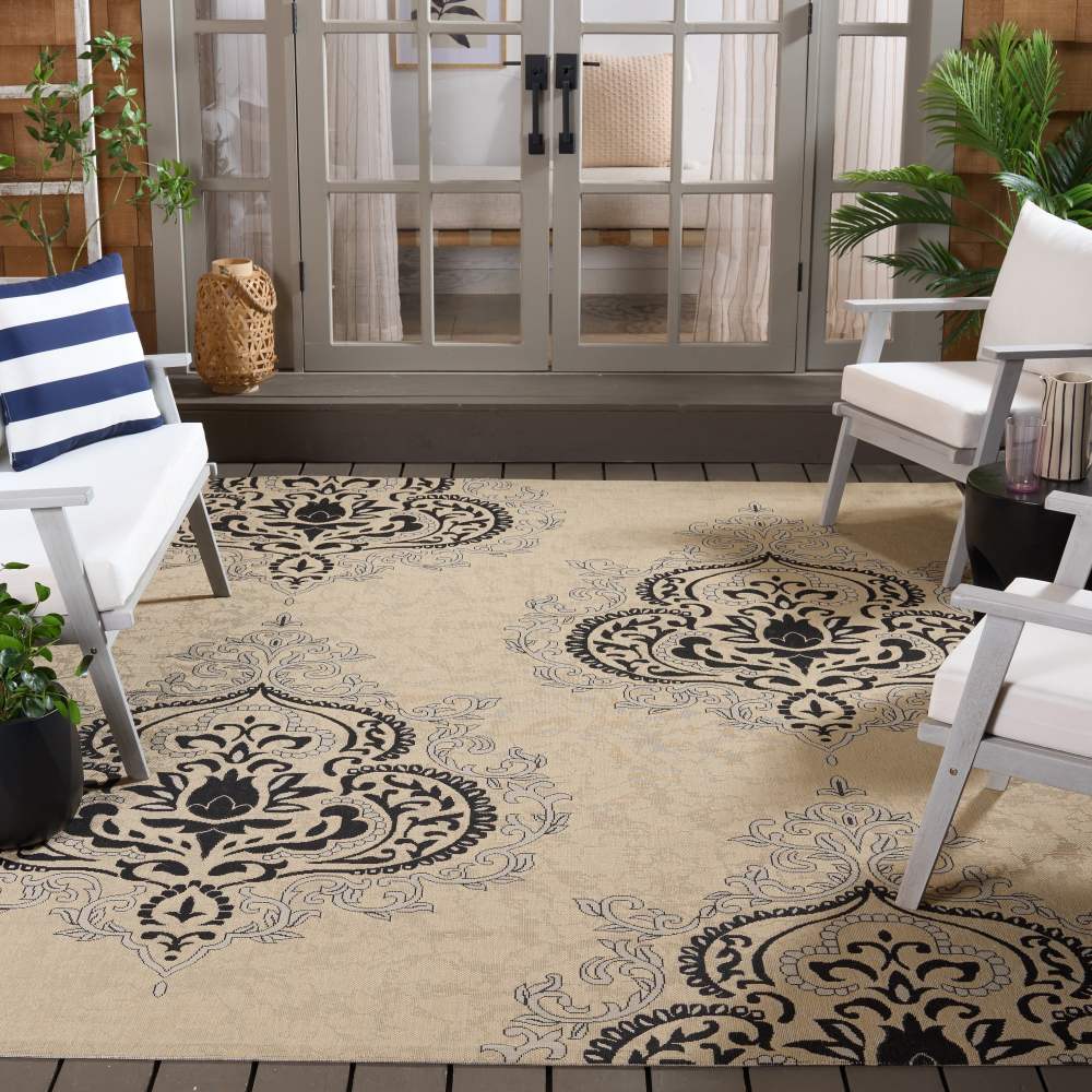 Safavieh Courtyard Penelope Damask Indoor/Outdoor Area Rug, Creme/Black, 6'7" x 6'7" Square - Image 7
