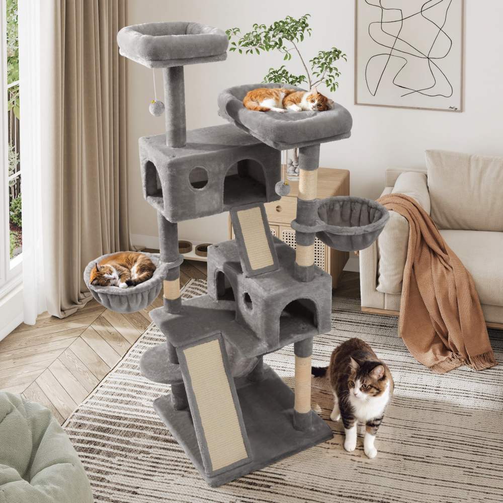 Sifurni 65.7" Large Cat Tree Tower Condo House for Cats with 2 Scratching Ramps, Hammock & Posts, Gray - Image 8