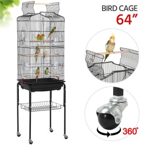 Renwick 64"H Open Top Rolling Metal Birdcage for Budgie Parrot Canary Cockatiel,  Black