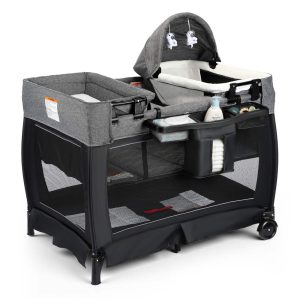 AILEEKISS 3-in-1 Foldable Baby Playard with Bassinet and Changing Table for Newborn, Black