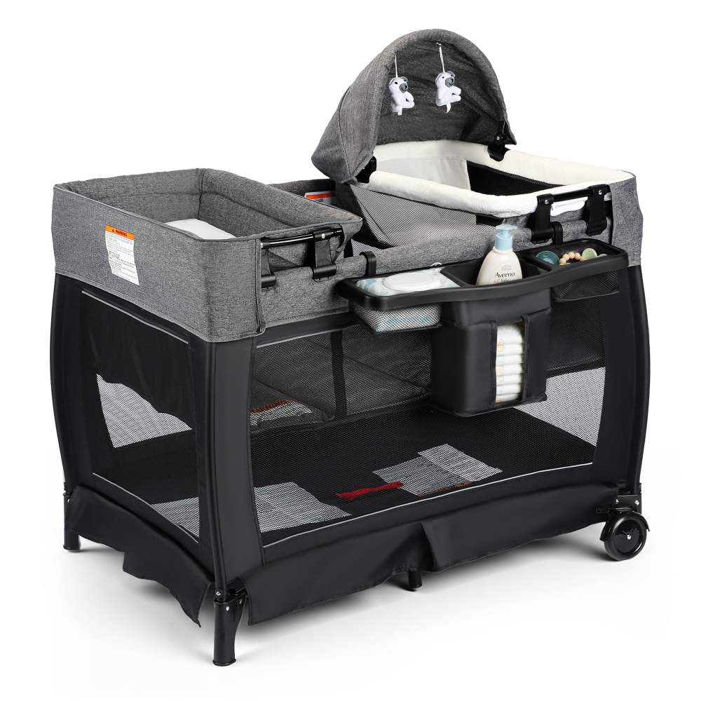 AILEEKISS 3-in-1 Foldable Baby Playard with Bassinet and Changing Table for Newborn, Black