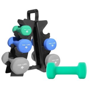Yes4All 5-10-15 LBS Pair,  Neoprene Coated Dumbbell Sets of 2 with Metal Rack-Hexagonal,  Anti-Slip,  Anti-Roll Design,  Multiple Weight Options for Home Gym Fitness