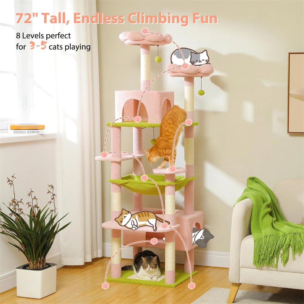 Pefilos 72" Cat Tree Tower for Large Cats, Indoor Cat Condo with Sisal-Covered Scratching Posts and Pads, 2 Padded Perch, Pink - Image 8
