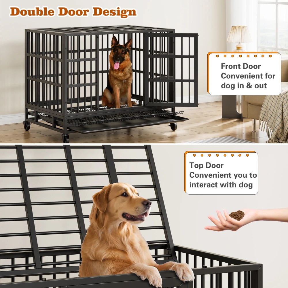 48" Heavy Duty Stainless Steel Dog Cage with Double Doors Divider Panel & Removable Tray for Indoor Outdoor Black - Image 3