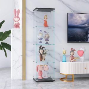 4-Shelf Glass Display Cabinet with Glass Doors, Floor Standing Curio Bookshelf Collection Display Case for Living Room Bedroom Office, Black
