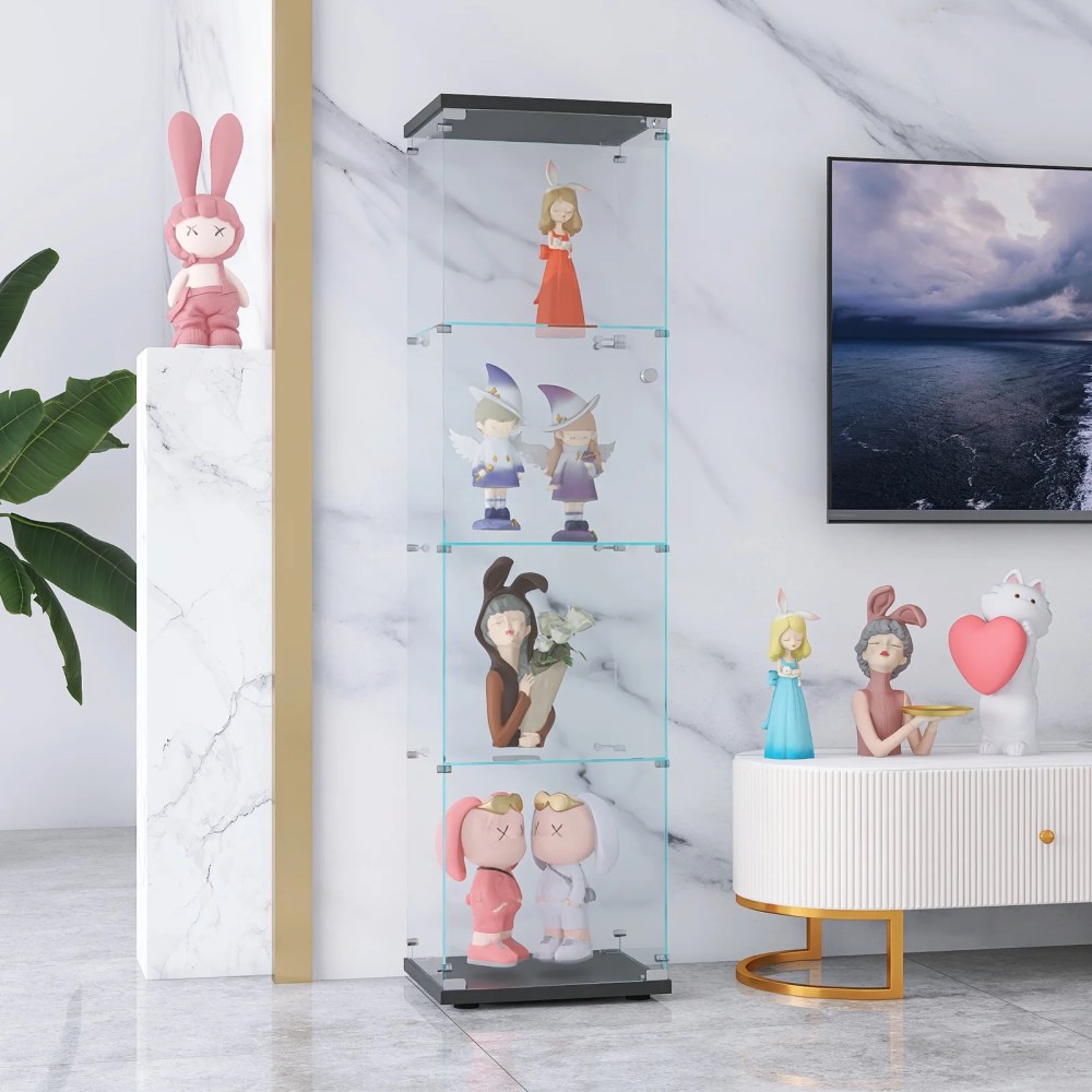 4-Shelf Glass Display Cabinet with Glass Doors, Floor Standing Curio Bookshelf Collection Display Case for Living Room Bedroom Office, Black