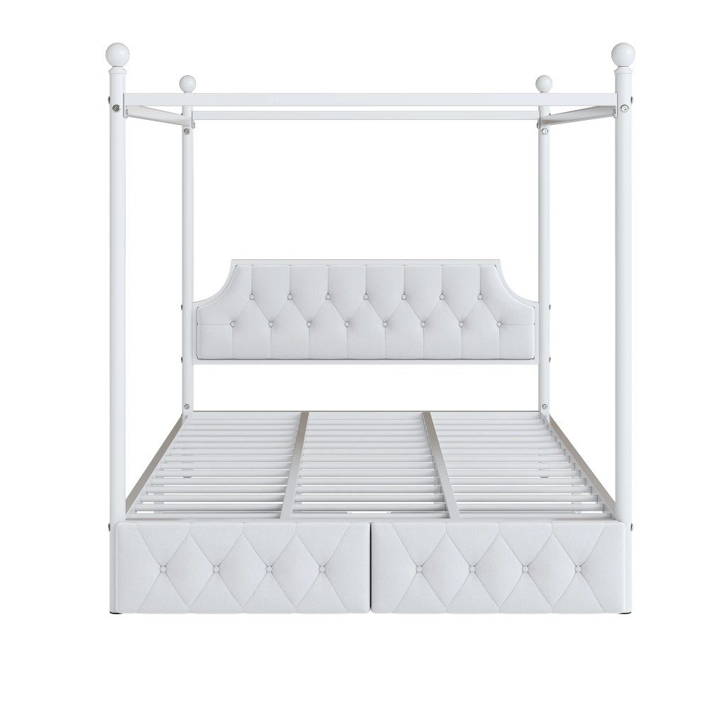 Euroco Wood Queen Size Canopy Platform Bed with Four Support Legs and 2 Drawers for Kids Teens Adults, White - Image 6