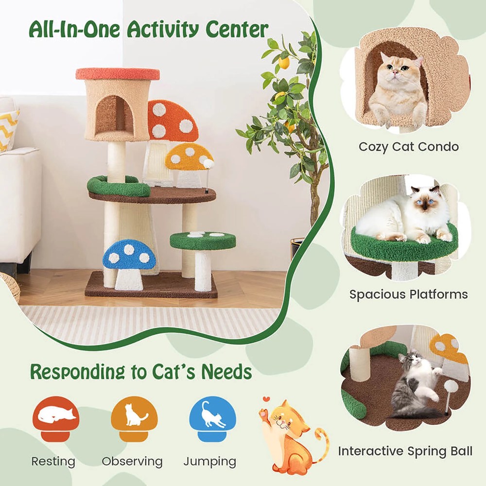 Gymax 41" Mushroom Cat Tree Tower Patended Indoor Kitten Activity Center w/ Natural Sisal Posts - Image 10