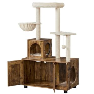 Renwick 53" Wooden Litter Box Enclosure with Cat Tree Tower,  Rustic Brown/Beige