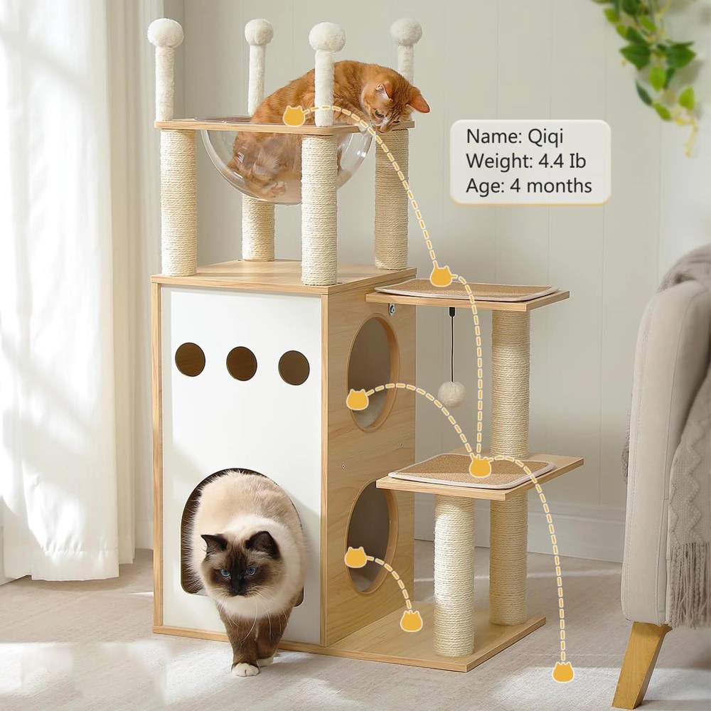 Pefilos 42" Cat Tree House for Multiple Cats, Cat Tower with Double Spacious Condos Perch, Hammock, Kittens Activity Centre, Beige - Image 7