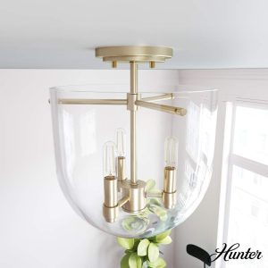 Hunter - Sacha 3-light Alturas Gold, Medium Size Flush Mount Light, Dimmable, Modern Style, Urn Shaped, for Bedrooms, Dining, Living Rooms - 19387
