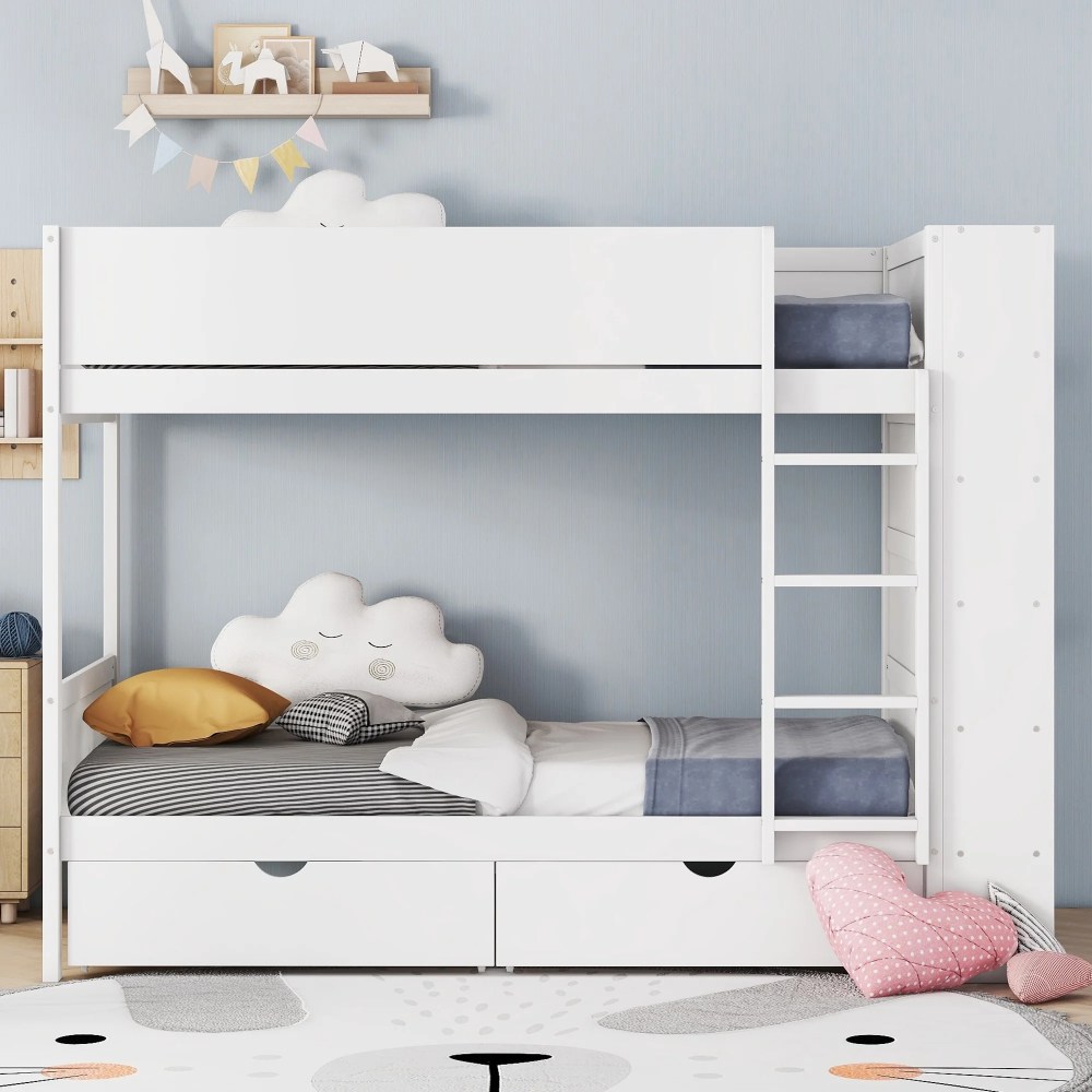 Euroco Pine Wood Twin over Twin Bunk Bed, Storage Bed with Cabinets and Shelves for Kids Teens, Sapce-Saving Design, White - Image 12
