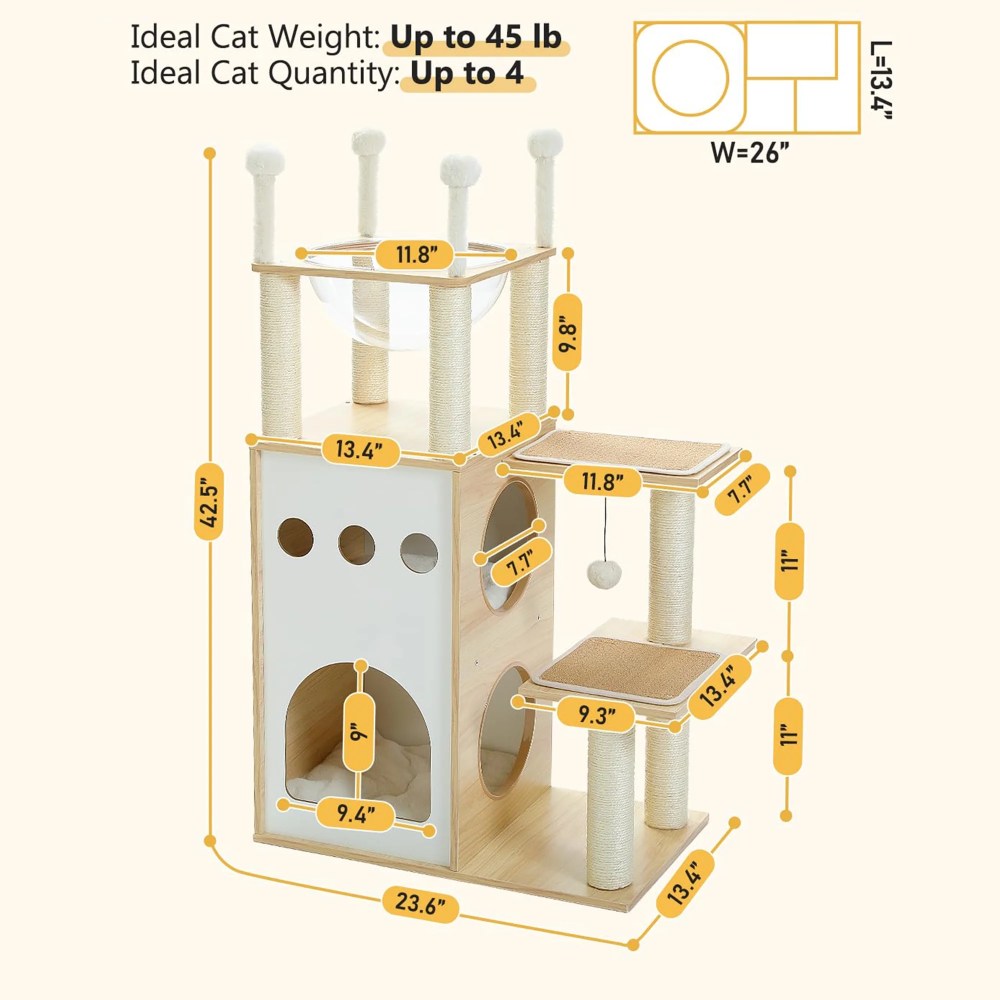 Pefilos 42" Cat Tree House for Multiple Cats, Cat Tower with Double Spacious Condos Perch, Hammock, Kittens Activity Centre, Beige - Image 2