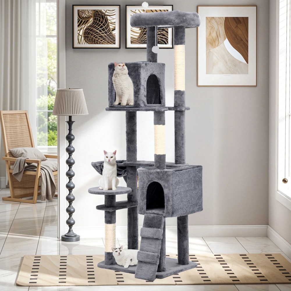 Uforic 70.8" Cat Tree Tower for Indoor Cats, Multi Level Play Tower Condo with Scratching Posts&Cozy Basket, Light Gray