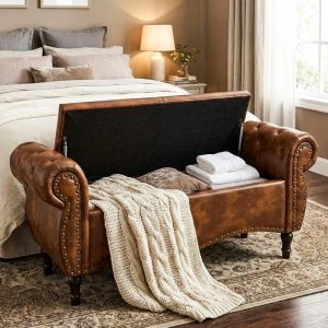 YIKEMA Upholstered PU Leather Rectangle Storage Ottoman Bench with Nailhead Trim,51.5",Brown