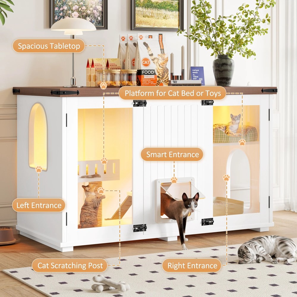 47.25" Large Cat Litter Box Enclosure with LED Light, Hidden Litter Box Furniture with Stairs and Scratching Post, Smart Locking Doors, Cat Cabinet Side Table for Living Room, White - Image 10