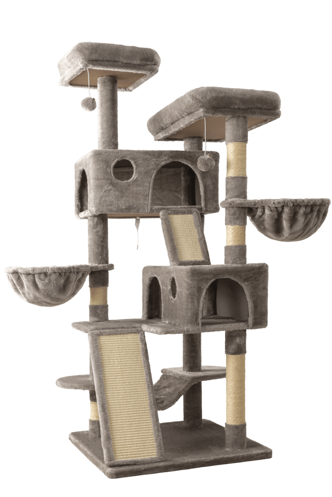 Sifurni 65.7" Large Cat Tree Tower Condo House for Cats with 2 Scratching Ramps, Hammock & Posts, Gray