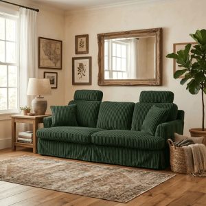 87.5" Corduroy Sofa Couch for Living Room,3 Seater Sofa in a Box,Headrest,2 Pillows, Green