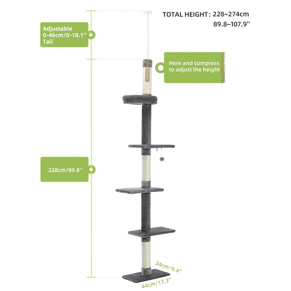 Pefilos Adjustable 90"-108" Tall Cat Tree for Indoor Cats, Multilevel Cat Tower with Sisal Scratching Posts, Floor-to-Ceiling Cat Condo for Adult Cats, Gray - Image 7