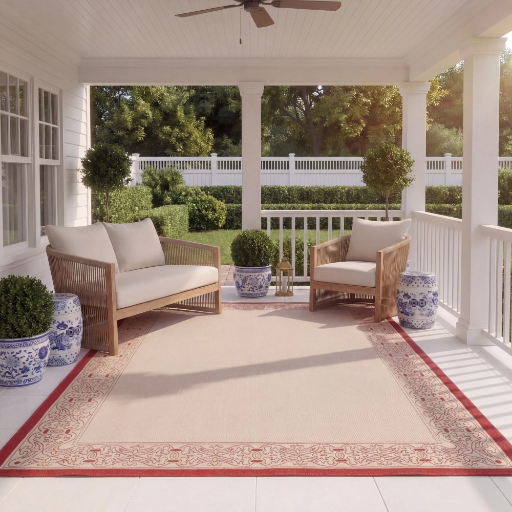 Safavieh Courtyard Donna Botanical Indoor/Outdoor Area Rug, Natural/Red, 6'7" x 9'6" - Image 8