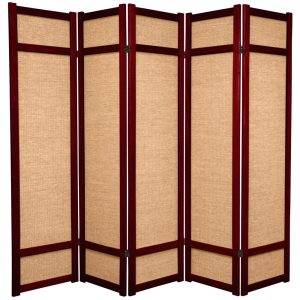 Red Lantern 6 ft. Tall Jute Shoji Screen - 5 Panel Room Divider in Rosewood Finish