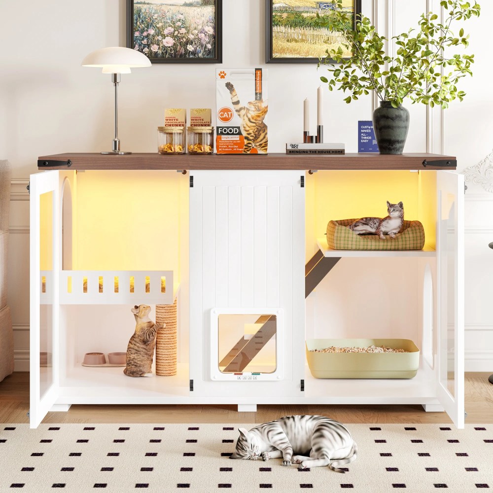 47.25" Large Cat Litter Box Enclosure with LED Light, Hidden Litter Box Furniture with Stairs and Scratching Post, Smart Locking Doors, Cat Cabinet Side Table for Living Room, White - Image 4