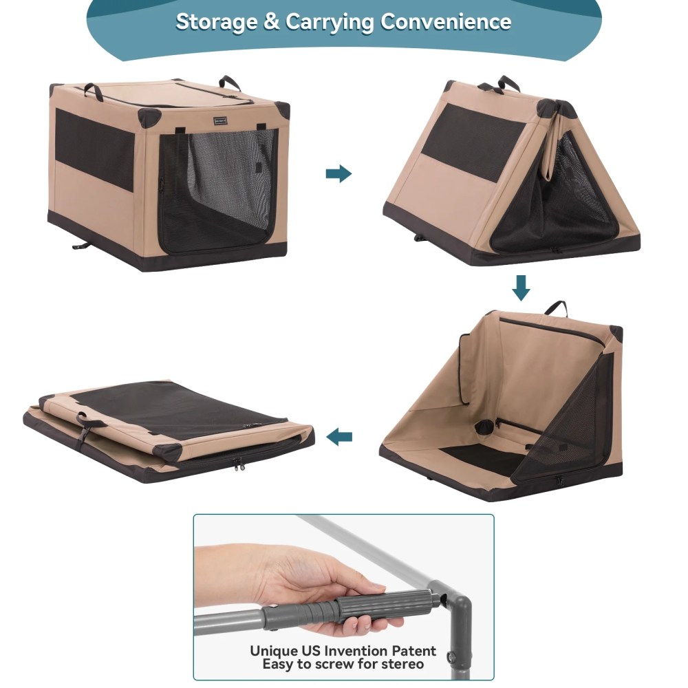 Petsfit Portable Dog Care Kennel, 26" L x 19" Wx 18" H Adjustable Fabric Cover by Spiral Iron Pipe, Portable&Easy Assembly Dog Crate 3 Door Design, Khaki - Image 4