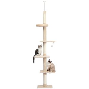 Pefilos Cat Tree Tower Interactive Adjustable 90"-108" Tall,  5-Tier Floor to Ceiling Cat Tower for Indoor Cats,  Beige