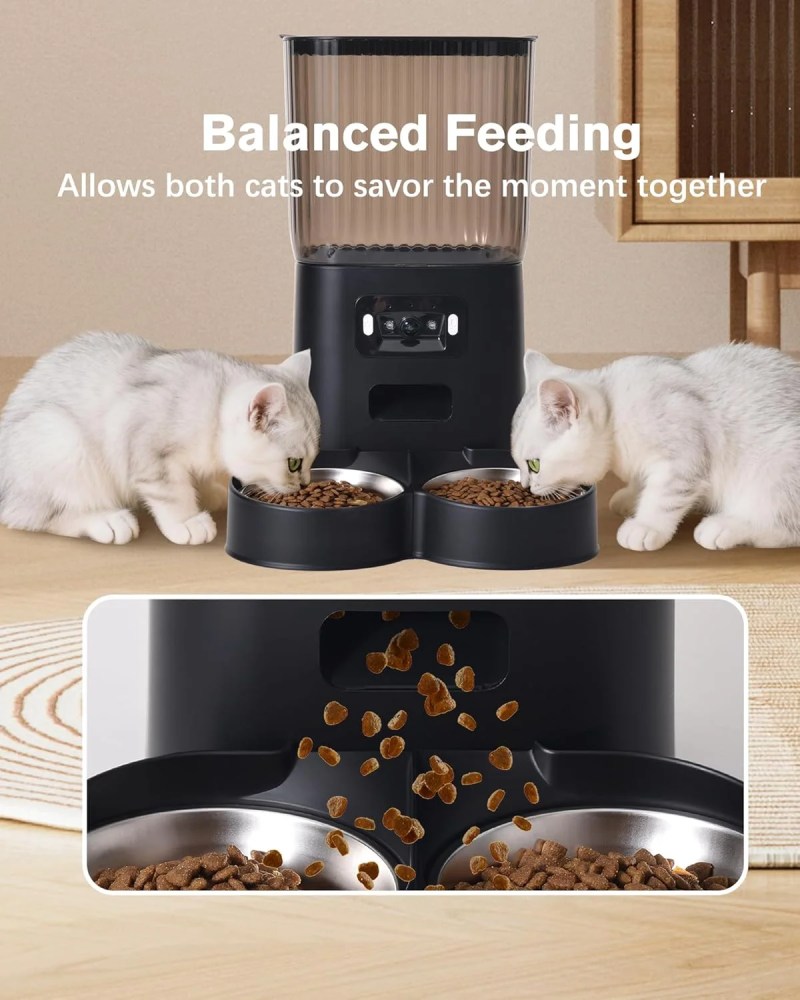 DENZUS Automatic Cat Feeder 2 Cats with Camera, 5L Dual Pet Auto Timed Electric Smart App Food Feeding Dispenser (Black, 2 Bowls) - Image 6