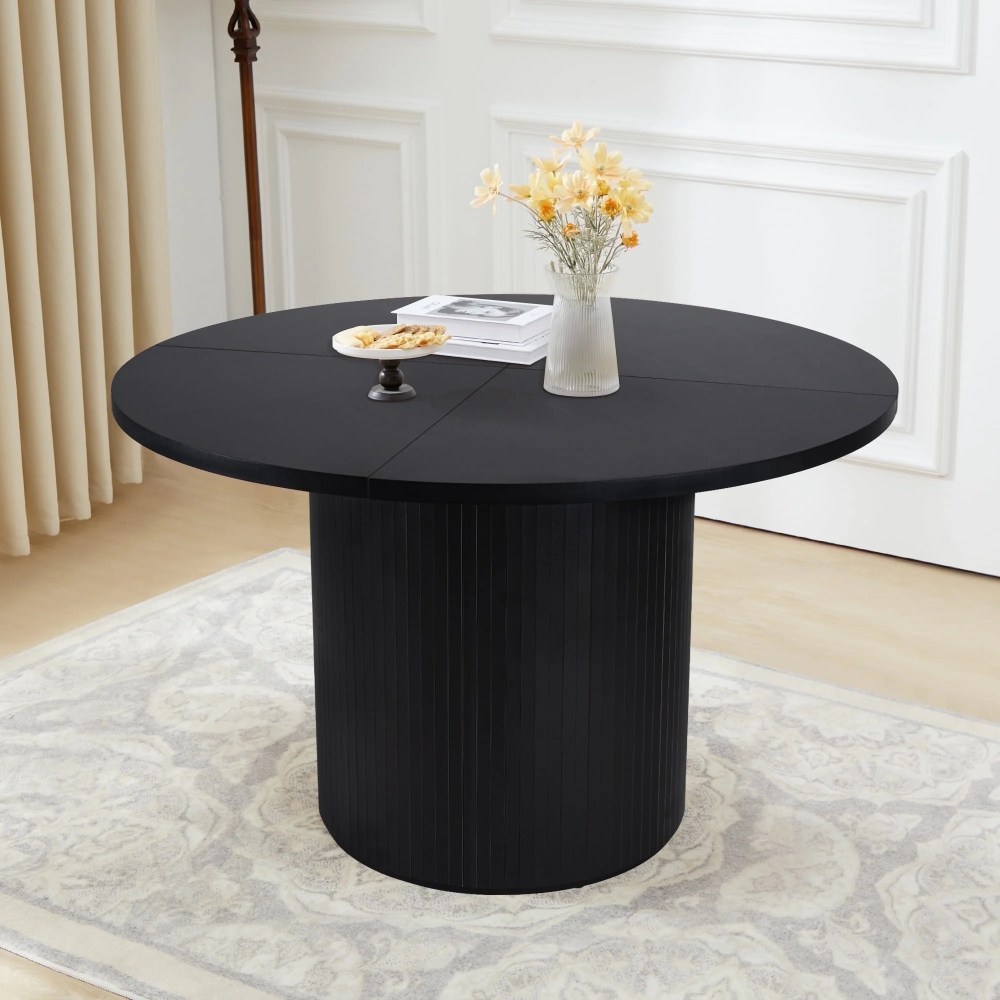 Wirrytor Round Dining Table,Modern Farmhouse Kitchen Table,47 Inch Coffee Circle Dining Tables with Wood Strip Base for Kitchen Living Room,Black